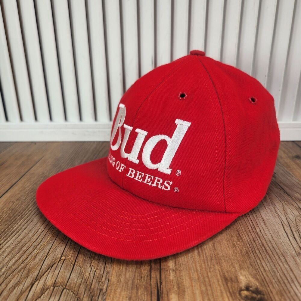 VTG Bud King of Beers Strapback Hat Cap Red White Embroidered Made in USA Slogan